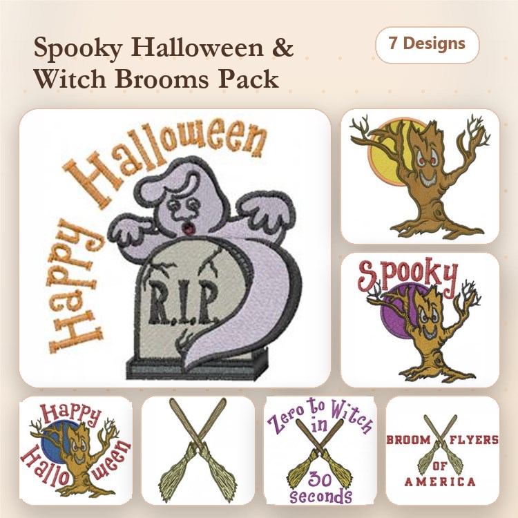 Halloween Embroidery Designs Bundle – Happy Halloween Ghost, RIP Tombstone, Spooky Tree & More (7 Designs)