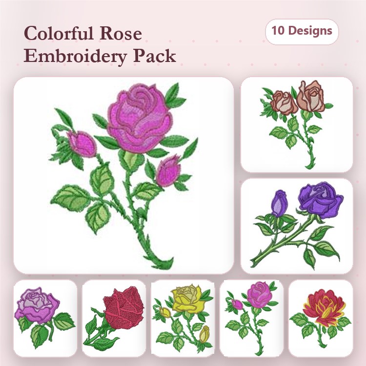 Colorful Rose Embroidery Bundle – Pink Rose, Red Rose, Yellow Rose & More (10 Designs)