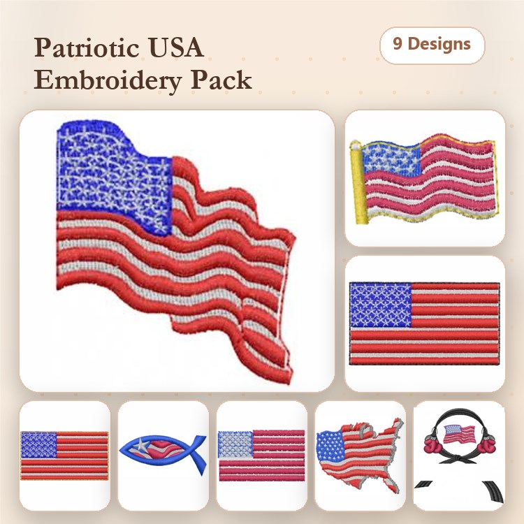 Patriotic USA Flags Embroidery Designs Bundle – American Flag with Stars, Waving American Flag, USA Flag Outline & More (9 Designs)