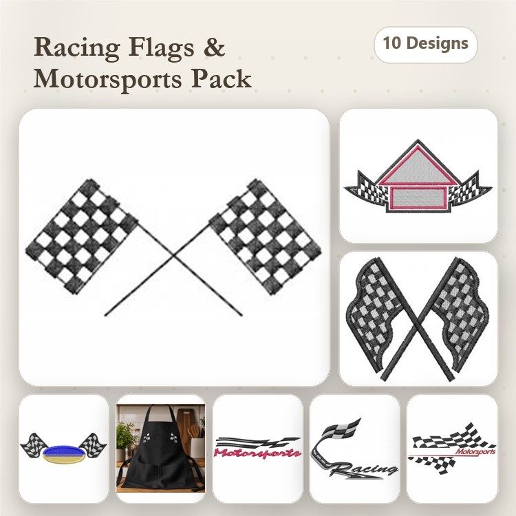 Racing Flags & Motorsports Embroidery Bundle – Crossed Racing Flags, Racing Helmet, Checkered Flag & More (10 Designs)