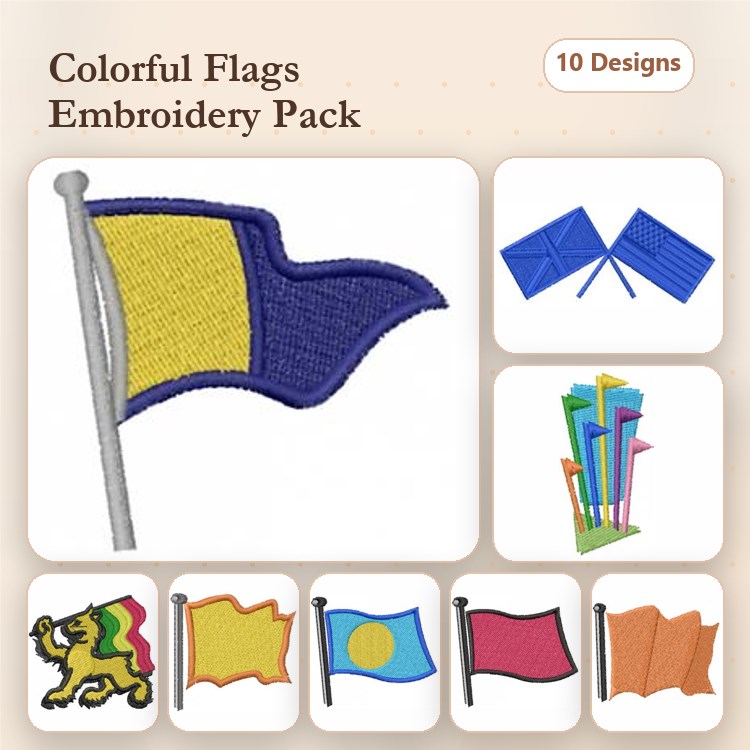 Colorful Flags Embroidery Designs Bundle – Lion Flag, Blue and Yellow Flag, Green and Yellow Flag & More (10 Designs)