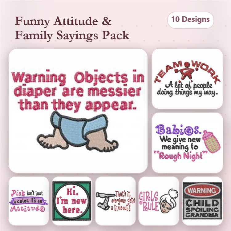 Funny Family Parenthood Embroidery Designs Bundle – Warning Objects in Diaper Are Messier Than They Appear, Babies: We Give New Meaning to Rough Night & More (10 Designs)
