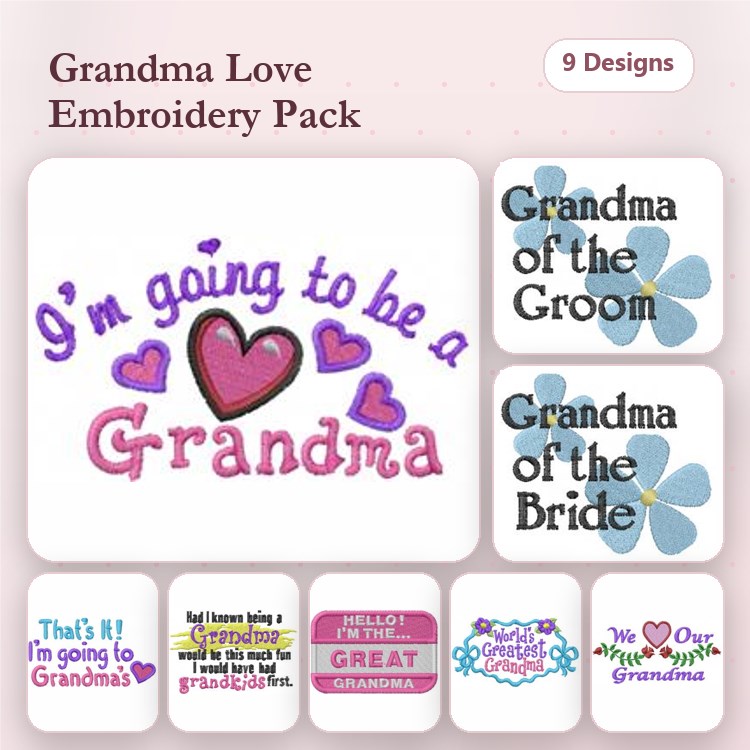Grandma Themed Embroidery Designs Bundle – I'm going to be a Grandma, Grandma's Kitchen, Blessed Grandma & More (9 Designs)