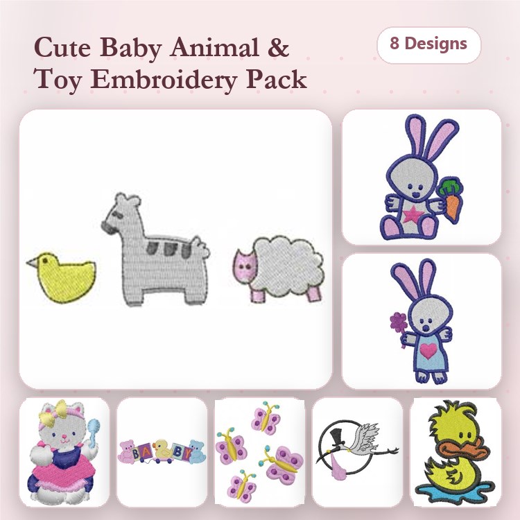 Cute Baby Animals & Toys Embroidery Bundle – Zebra, Sheep, Chick, Bunny & More (8 Designs)