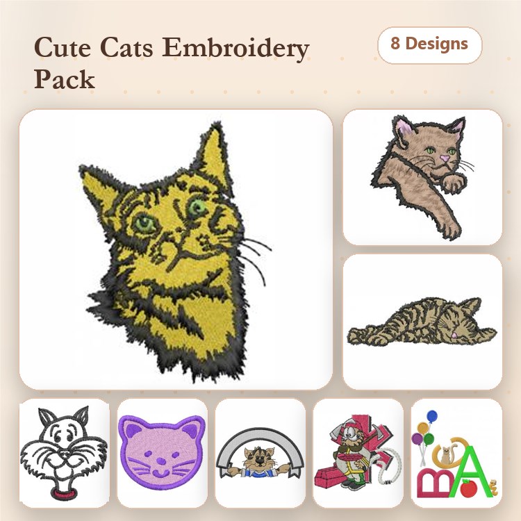 Cute Cat Embroidery Designs Bundle – Tabby Cat Face, Sleeping Cat, Kitten Face & More (8 Designs)