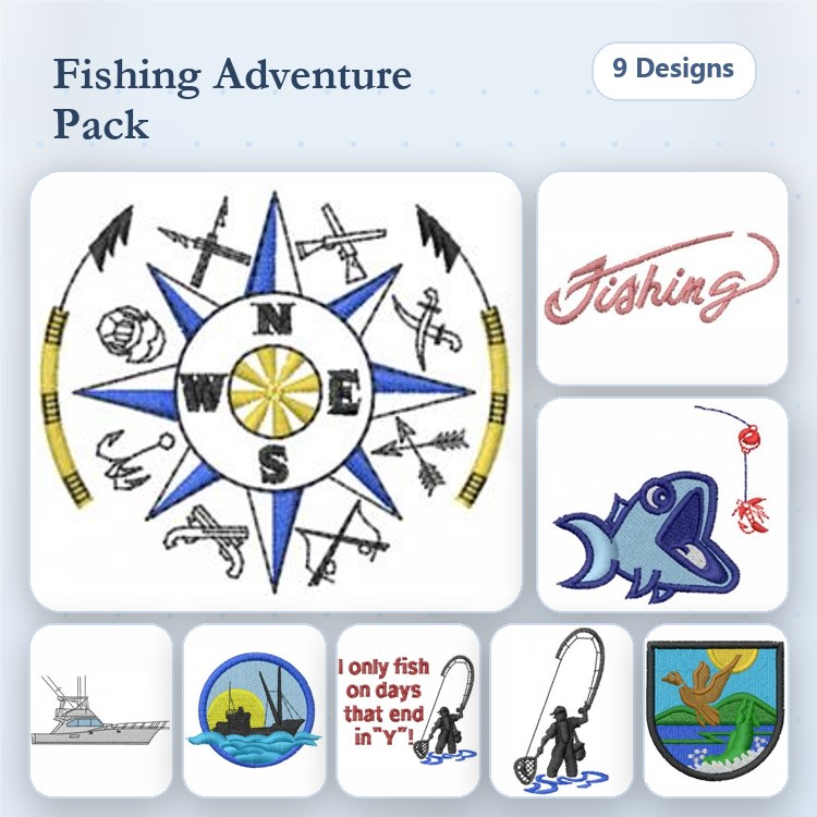 Fishing Adventure Embroidery Designs Bundle – Fishing Compass, Fishing Quote, Fish Illustration & More (9 Designs)