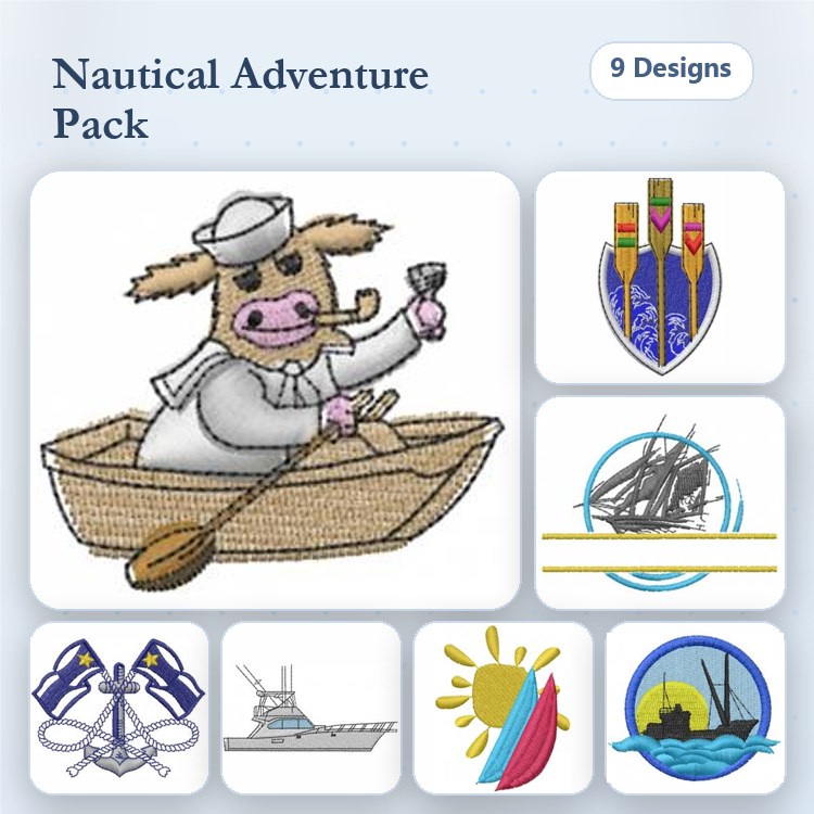 Nautical Adventure Embroidery Bundle – Sailor Cow, Rowing Oars, Nautical Ship Silhouette & More (9 Designs)