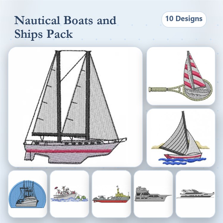Nautical Boats Embroidery Designs Bundle – Sailboat, Fishing Boat, Yacht & More (10 Designs)