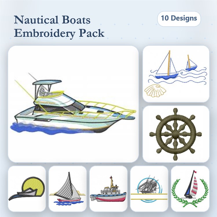 Nautical Boats Embroidery Designs Bundle – Motorboat, Sailboat, Anchor & More (10 Designs)