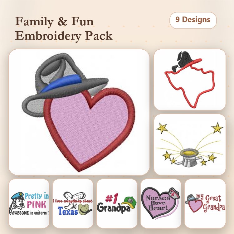 Family and Fun Embroidery Designs Bundle – Heart with Hat, Texas Outline, #1 Grandpa & More (9 Designs)