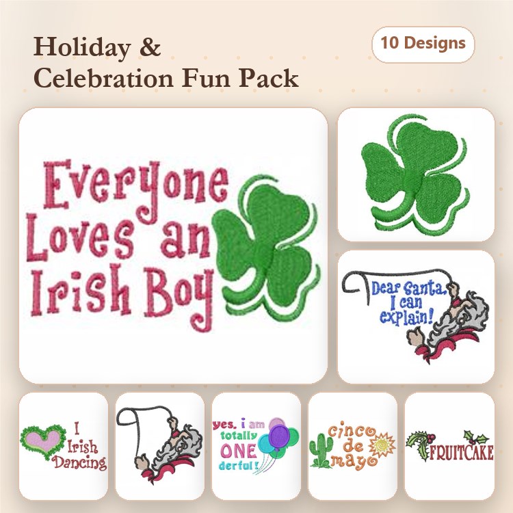 Holiday Celebration Embroidery Designs Bundle – Shamrock, Irish Boy, Dear Santa & More (10 Designs)