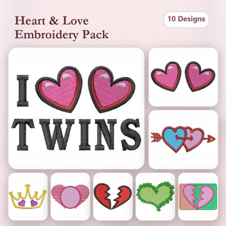 Hearts and Love Embroidery Designs Bundle – I Love Twins, Arrow through Heart, Broken Heart & More (10 Designs)