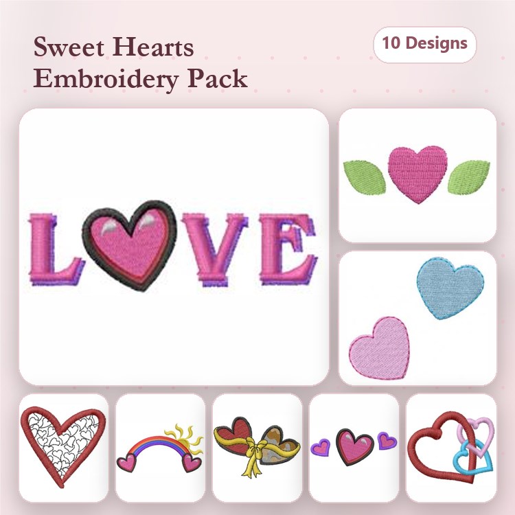 Love and Hearts Embroidery Designs Bundle – LOVE Text, Solid Hearts, Love Birds & More (10 Designs)