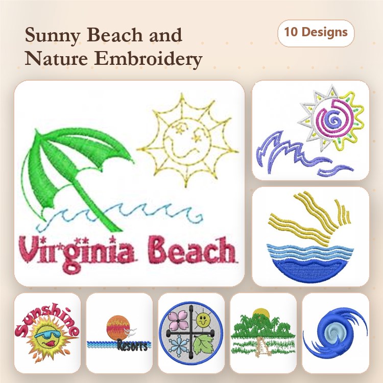 Beach and Nature Embroidery Designs Bundle – Beach Umbrella, Sun with Rays, Ocean Waves & More (10 Designs)