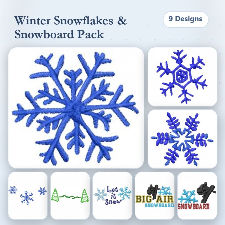 Winter Snowflakes & Snowboard Embroidery Designs Bundle – Snowflake Design 1, Snowboard with Text & More (9 Designs)