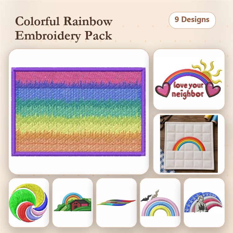 Rainbow Embroidery Designs Bundle – Rainbow Stripe, Love Your Neighbor, Rainbow with Clouds & More (9 Designs)