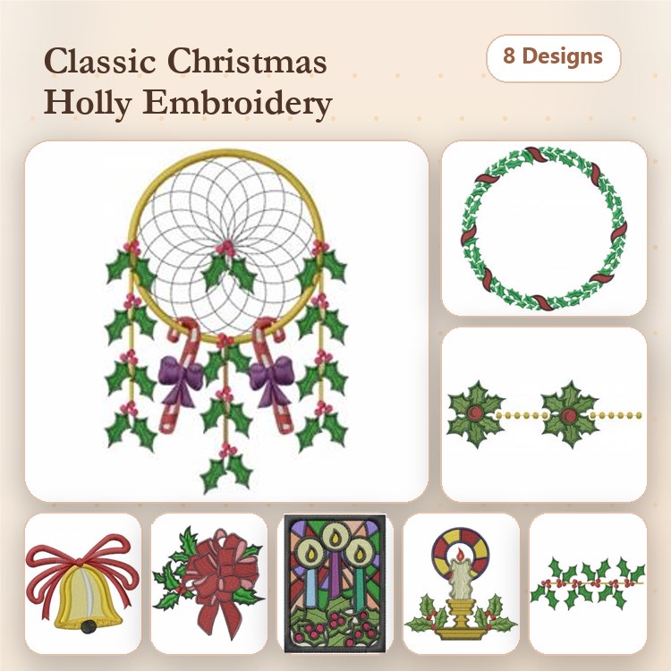 Christmas Holly Embroidery Designs Bundle – Holly Dreamcatcher, Wreath, Bell & More (8 Designs)