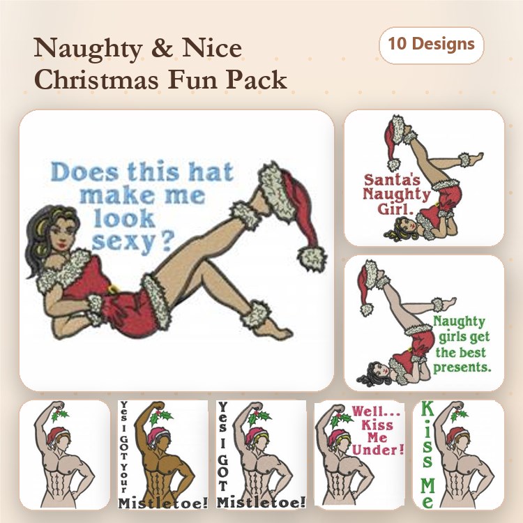 Naughty and Nice Christmas Embroidery Designs Bundle – Naughty Girl, Santa's Naughty Girl, Kiss Me Under & More (10 Designs)
