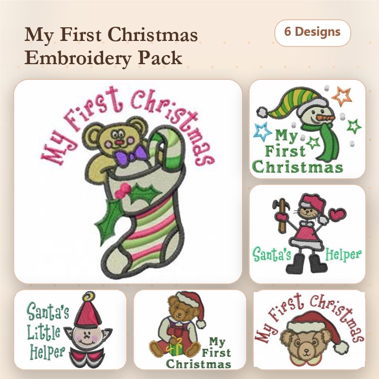 My First Christmas Embroidery Designs Bundle – My First Christmas Stocking, Santa's Little Helper, My First Christmas Bear & More (6 Designs)