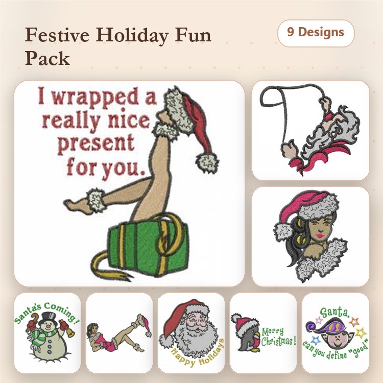 Festive Holiday Themes Embroidery Designs Bundle – Santa, Holiday Girl, Wrapped Present & More (9 Designs)