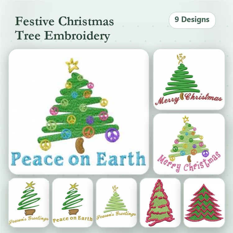 Christmas Tree Embroidery Designs Bundle – Decorations, Gifts, Lights & More (9 Designs)