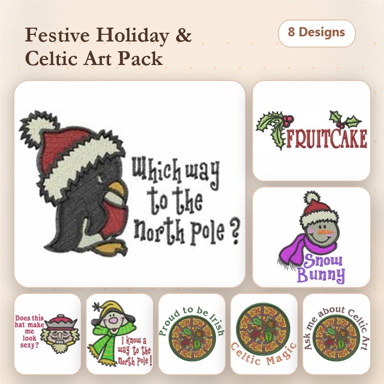 Celtic Art & Festive Holiday Embroidery Designs Bundle – Penguin with Santa Hat, Snow Bunny, Fruitcake & More (8 Designs)