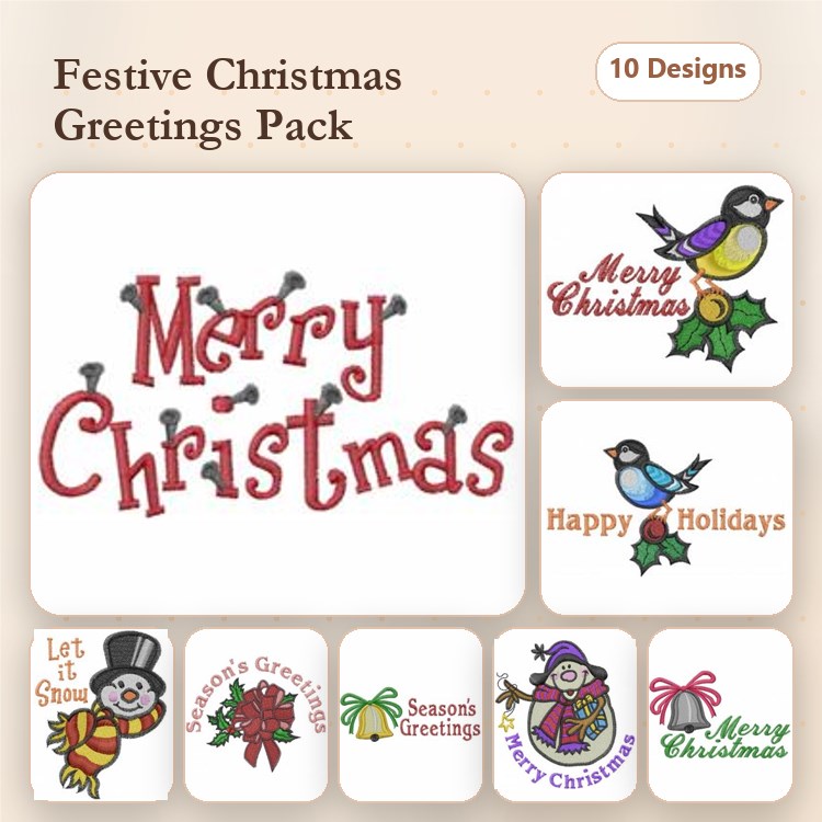 Christmas Greetings Embroidery Bundle – Merry Christmas, Santa with Hat, Christmas Bird & More (10 Designs)