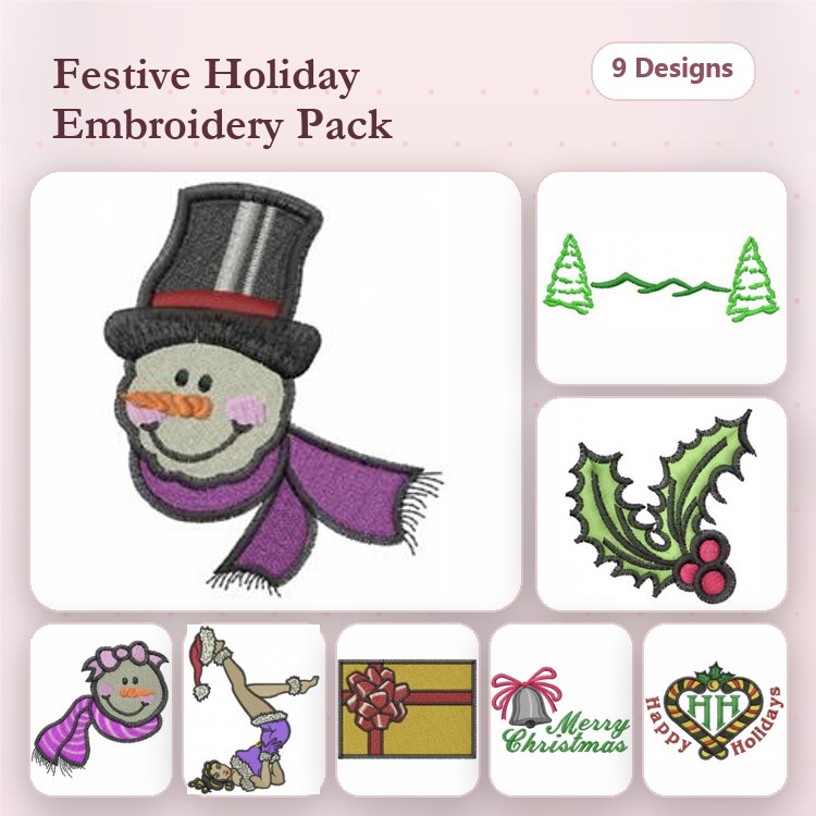 Festive Holiday Embroidery Bundle – Snowman with Scarf, Christmas Trees, Holly with Berries & More (9 Designs)