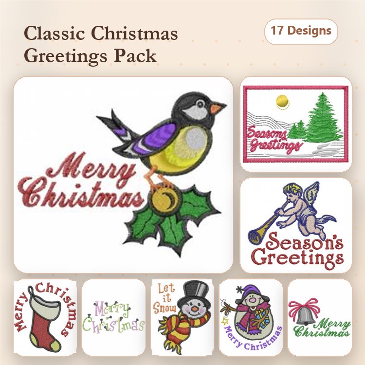Christmas Greetings Embroidery Designs Bundle – Merry Christmas, Christmas Tree, Angel & More (17 Designs)