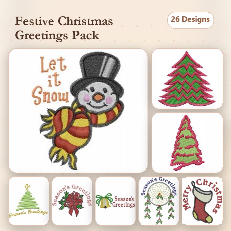 Christmas Greetings Embroidery Designs Bundle – Snowman with Scarf, Christmas Tree with Ornaments, Seasons Greetings & More (26 Designs)