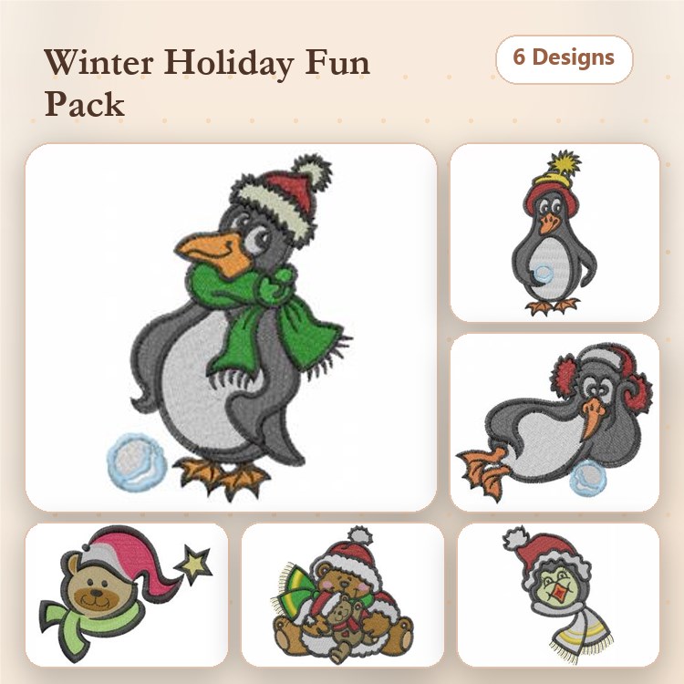 Winter Holiday Embroidery Bundle – Penguin with Scarf, Teddy Bear with Santa Hat & More (6 Designs)