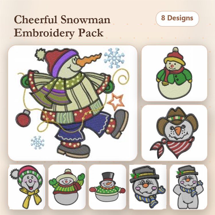 Cheerful Snowmen Embroidery Designs Bundle – Dancing Snowman, Snowman with Present, Snowman in Hat & More (8 Designs)