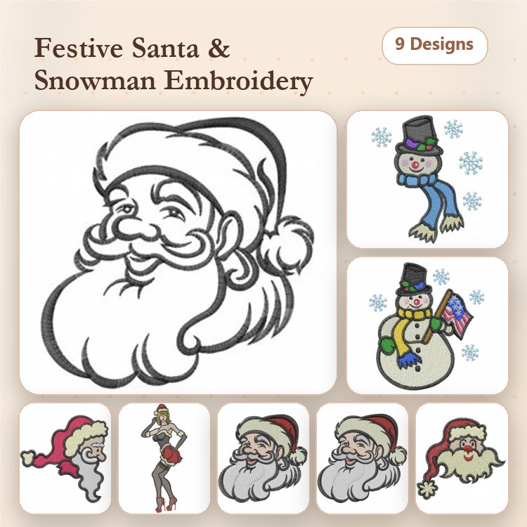 Santa Claus & Snowman Embroidery Bundle – Santa Face, Snowman with Scarf, Santa with Present & More (9 Designs)