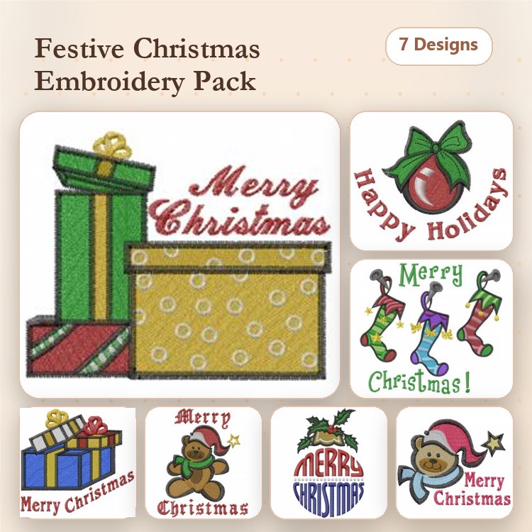 Festive Christmas Embroidery Bundle – Christmas Gift Boxes, Merry Christmas Text, Christmas Ornament & More (7 Designs)