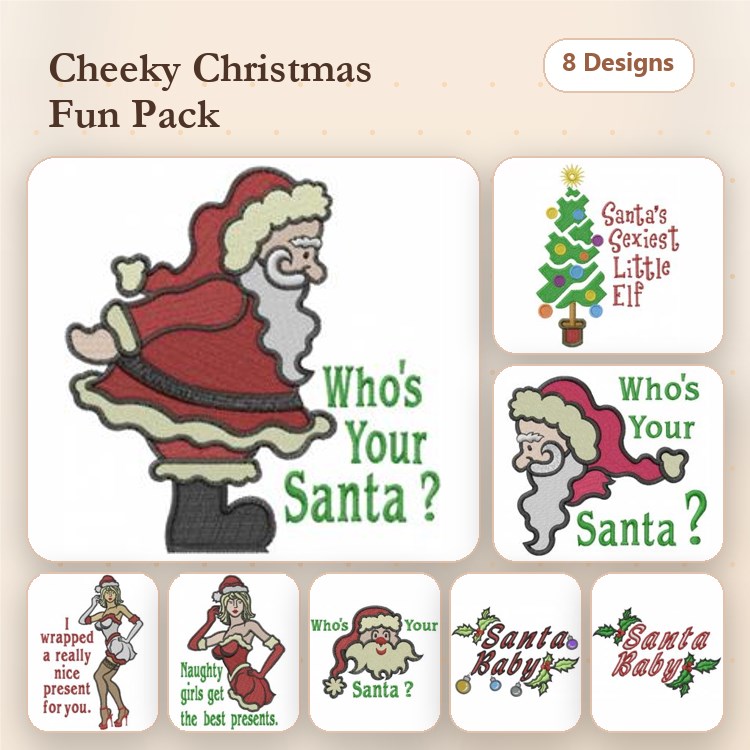 Cheeky Christmas Embroidery Designs Bundle – Santa, Elf, Wrapped Gift & More (8 Designs)