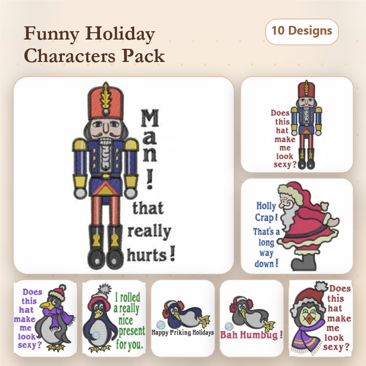 Funny Holiday Characters Embroidery Designs Bundle – Nutcracker, Santa with Speech Bubble, Penguin & More (10 Designs)