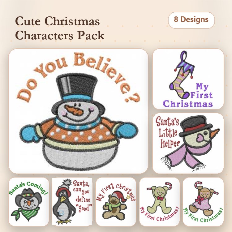 Christmas Characters Embroidery Designs Bundle – Snowman with Hat, Santa's Little Helper, My First Christmas & More (8 Designs)