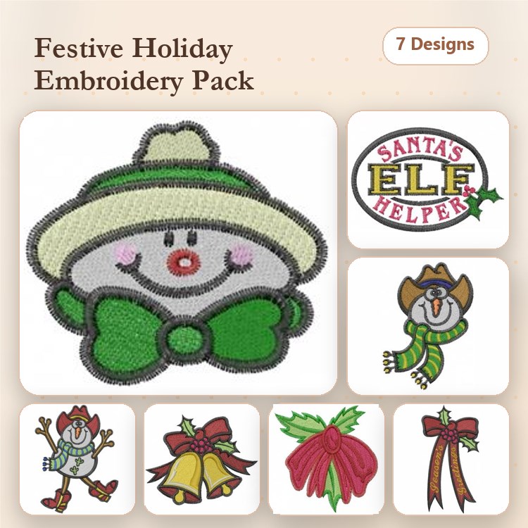 Festive Holiday Embroidery Designs Bundle – Snowman, Santa's Elf Helper, Christmas Bell & More (7 Designs)