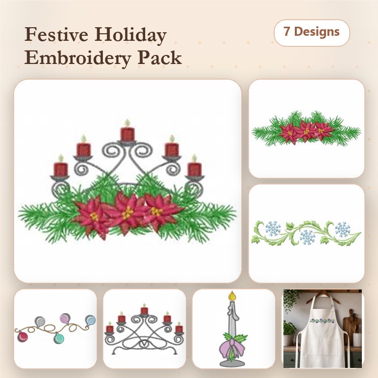 Festive Holiday Decorations Embroidery Designs Bundle – Candle Centerpiece, Poinsettia Arrangement, Ornamental Candle & More (7 Designs)