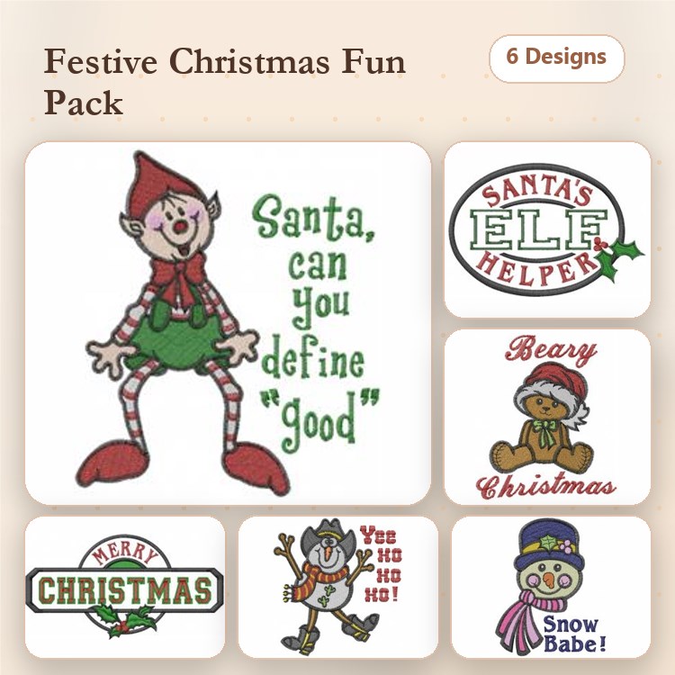 Christmas Elf & Friends Embroidery Designs Bundle – Santa's Helper, Beary Christmas, Merry Christmas & More (6 Designs)