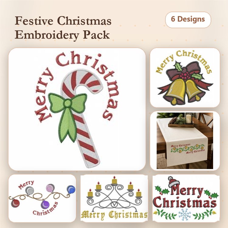 Christmas Embroidery Designs Bundle – Candy Cane with Bow, Christmas Bell, Merry Christmas Text & More (6 Designs)