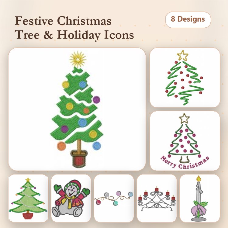 Christmas Tree & Snowman Embroidery Designs Bundle – Christmas Tree with Ornaments, Holiday Garland & More (8 Designs)