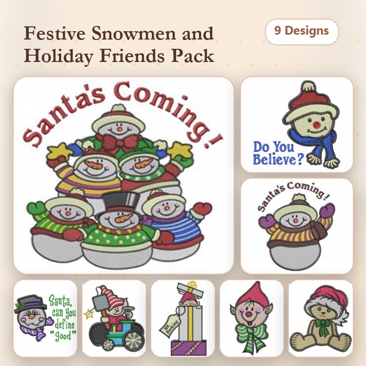 Snowman & Holiday Messages Embroidery Designs Bundle – Stacked Snowmen, Do You Believe?, Santa's Coming Message & More (9 Designs)