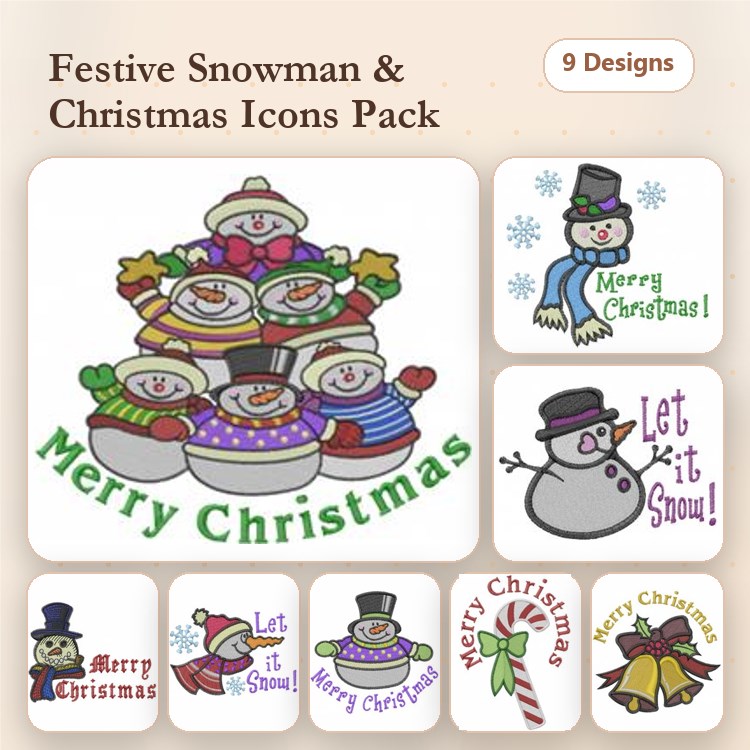 Snowman Christmas Embroidery Bundle – Stacked Snowmen, Merry Christmas Text, Snowman with Hat & More (9 Designs)