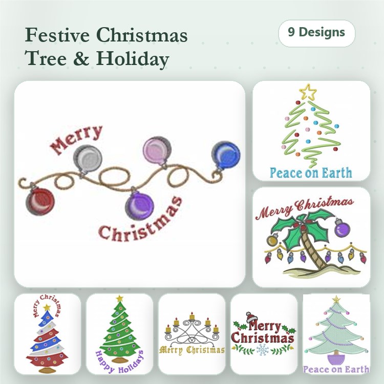 Christmas Tree & Merry Christmas Embroidery Designs Bundle – Ornaments, Peace on Earth, Joyful Holiday & More (9 Designs)