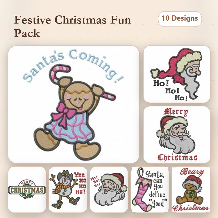 Christmas-Themed Embroidery Designs Bundle – Santa, Snowman, Christmas Tree & More (10 Designs)