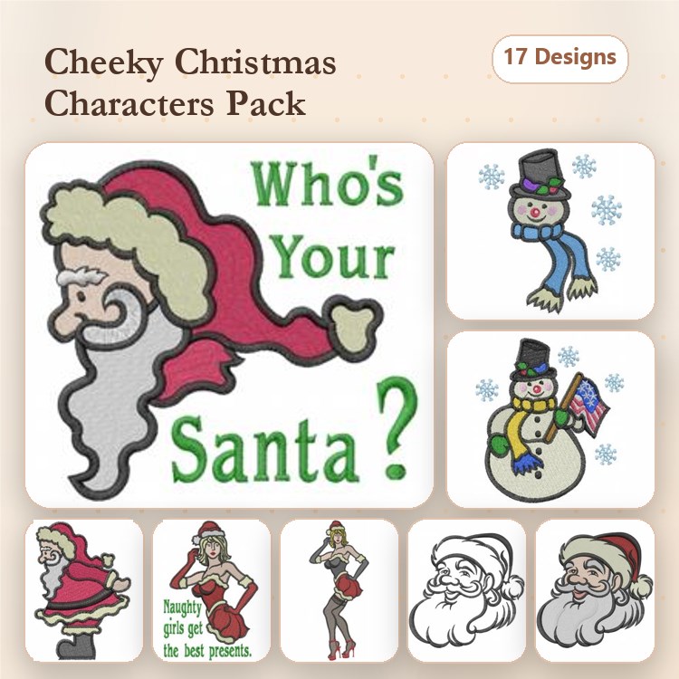 Cheeky Christmas Characters Embroidery Designs Bundle – Santa Claus, Snowman, Christmas Girl & More (17 Designs)