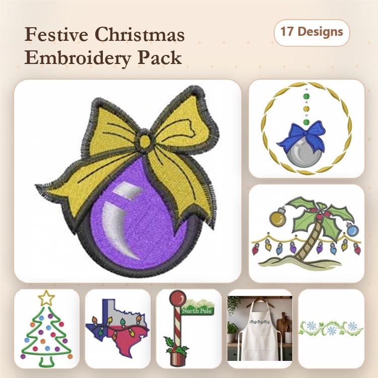 Christmas Ornament Embroidery Designs Bundle – Purple Ornament with Bow, Santa's Sleigh, Candy Cane & More (17 Designs)