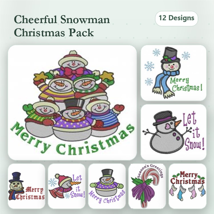 Cheerful Snowman Christmas Embroidery Designs Bundle – Snowman Stack, Merry Christmas Text, Let It Snow & More (12 Designs)
