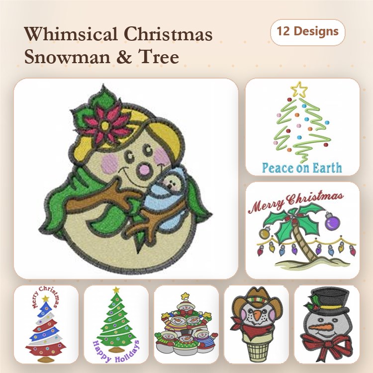 Christmas Cheer Embroidery Designs Bundle – Snowman with Child, Merry Christmas Tree, Holiday Sweater & More (12 Designs)
